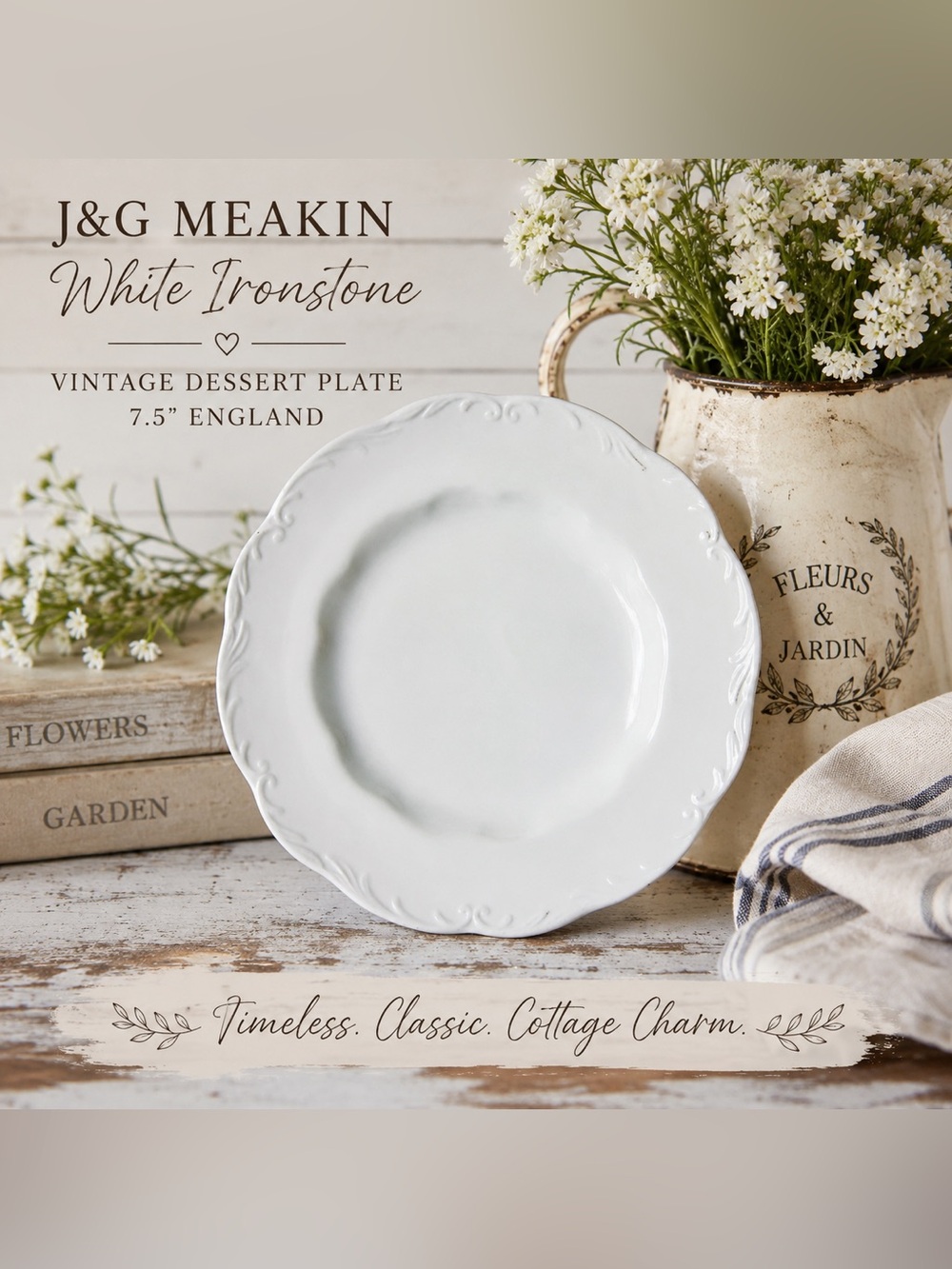 J&G Meakin White Ironstone Vintage Dessert Plate 7.5” England Classic White